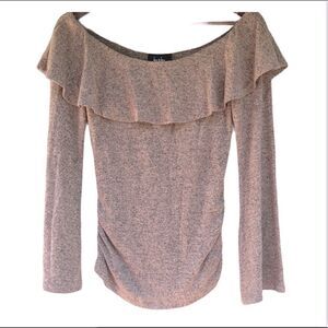 Blush pink off the shoulder ruffled top thin knit long sleeve sweater blouse -XS